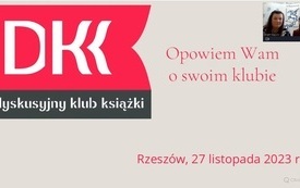 Plansza z napisem &quot;Opowiem Wam o swoim klubie&quot; . W rogu po prawej stronie okno. 