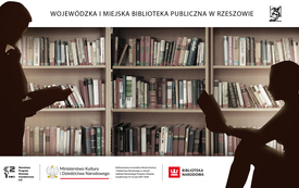 Grafika z dwoma postaciami kobiety i mężcztzny trzymających w dłoniach książki. W tle regał wypełniony książkami.