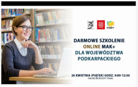 Plakat zapowiadajacy szkolenie z kobieta siedzącą przy komputerze