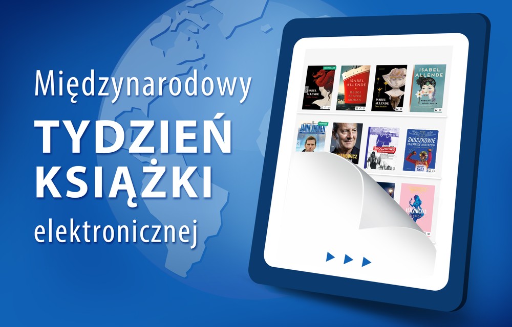 Czytnik książek z wyświetlonymi miniaturkami okładek książek. W tle kula ziemska/