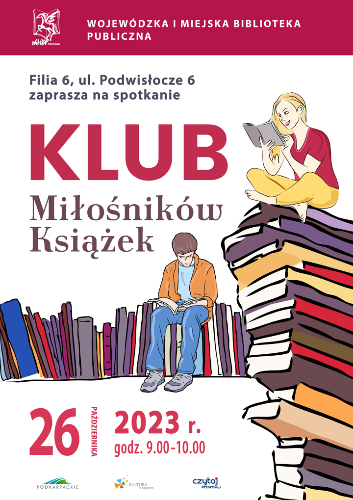 Dwie postacie mężczyzna i kobieta siedzą z książką w ręku na stosie książek