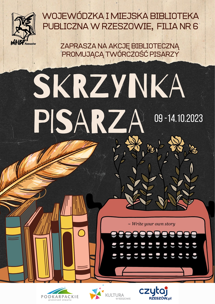 Grafika promująca akcje czytelniczą. Maszyna do pisania, kwiaty, książki oraz pióro.