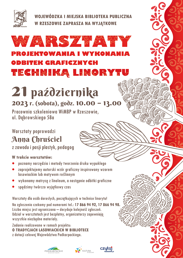 Wzór liści wykonany techniką linorytu