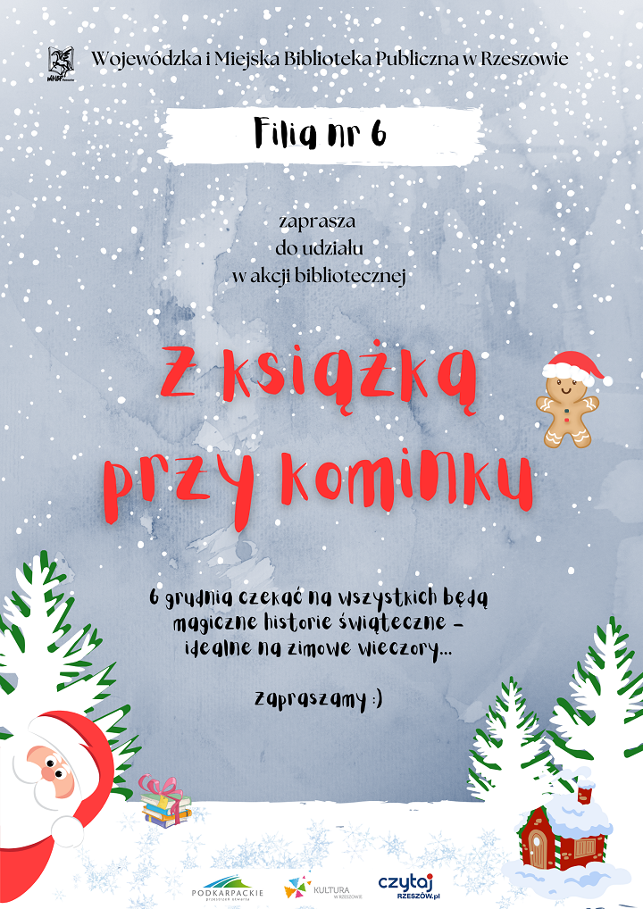 Padający śnieg, choinki pokryte śniegiem. Mikołaj z czerwoną czapką w lewym rogu, piernikowa chatka, książki z kokardką, ciastek w czapce mikołajowej.