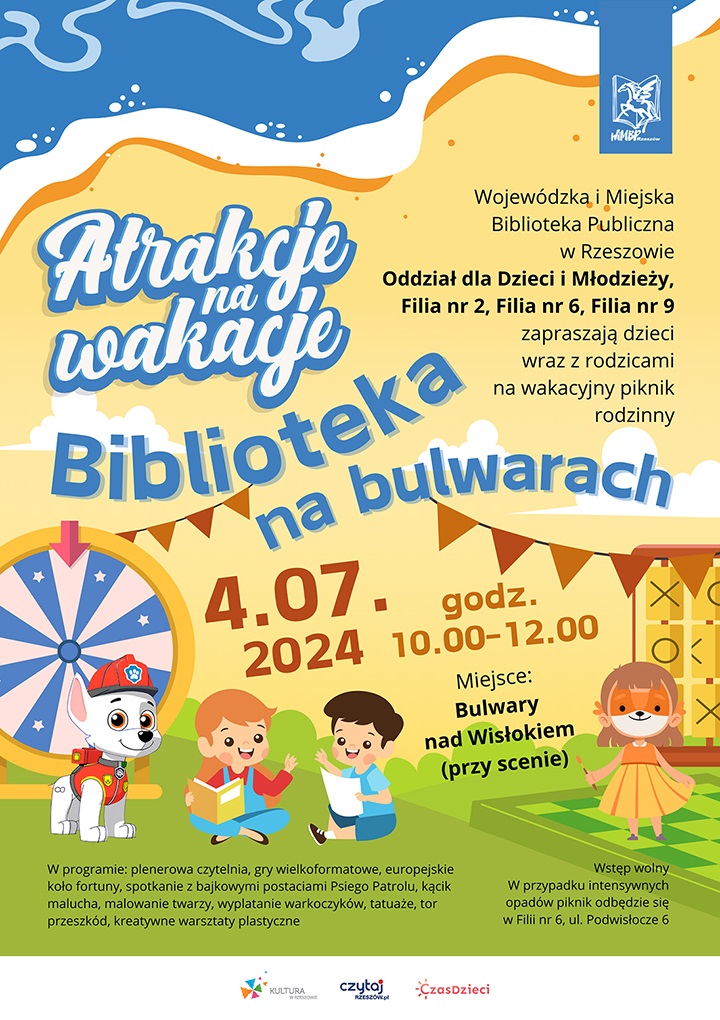 Grafika zapraszająca na piknik na bulwarach. Dzieci, atrakcje, psi patrol.