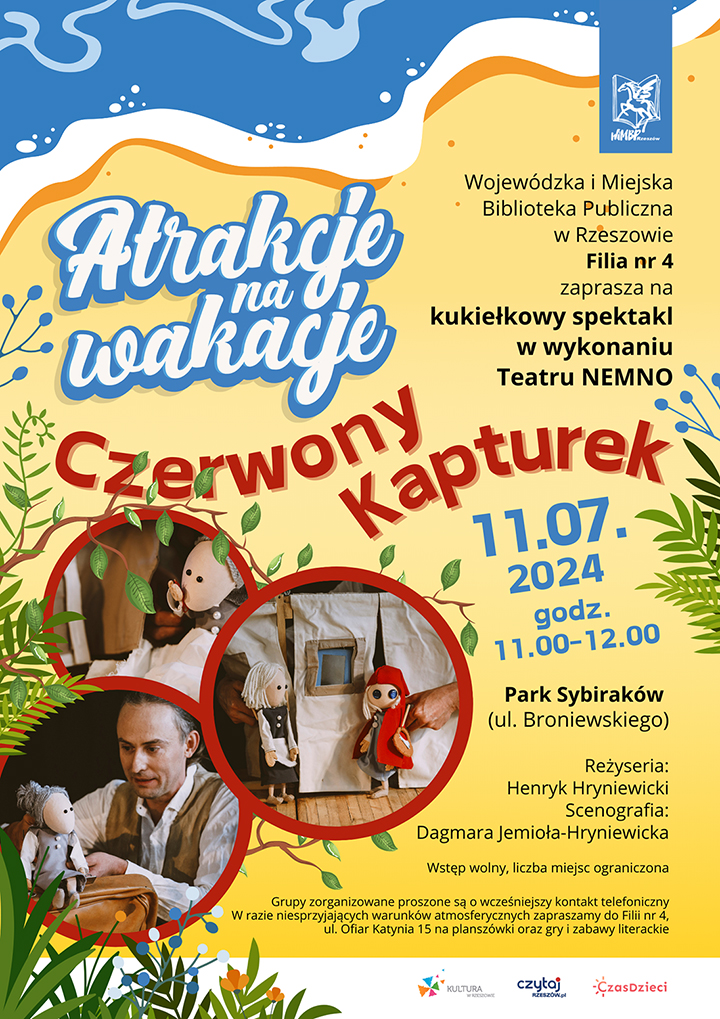 Plakat przedstawia zdjęcie z teatrzyku oraz rośliny.