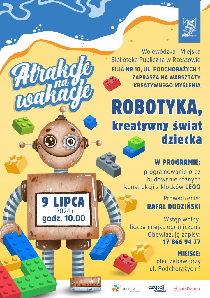 Na plakacie robot oraz klocki LEGO.