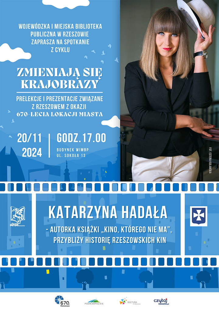 Plakat przedstawia kobietę w grzywce z kapeluszem. 