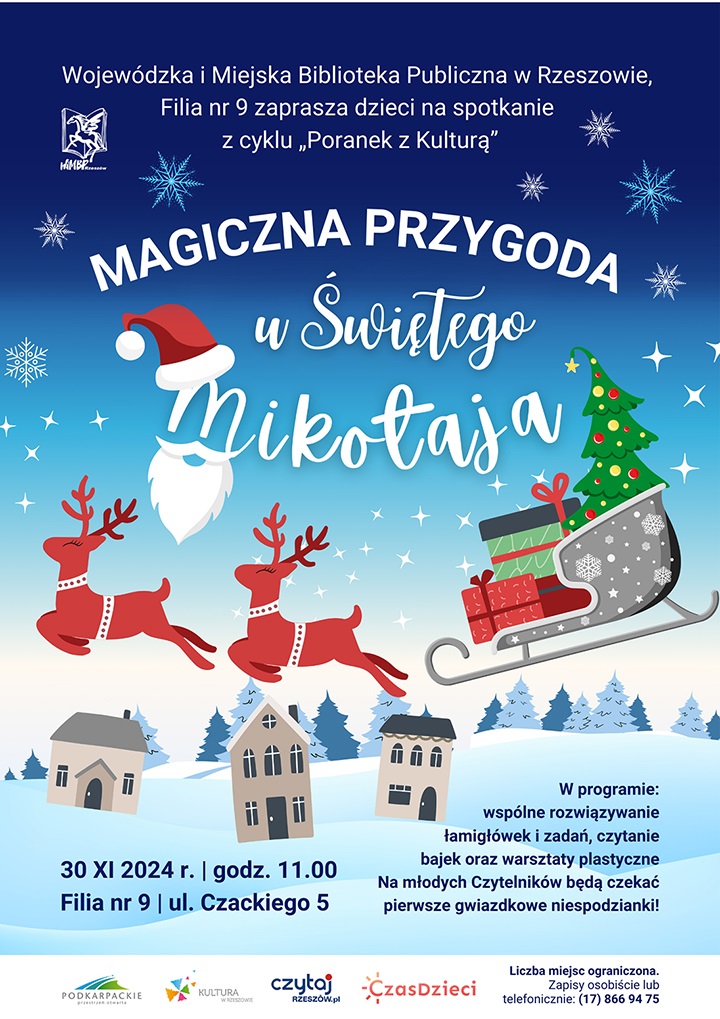 Plakat przedstawia Mikołaja na saniach z reniferami, śnieg, domki. 