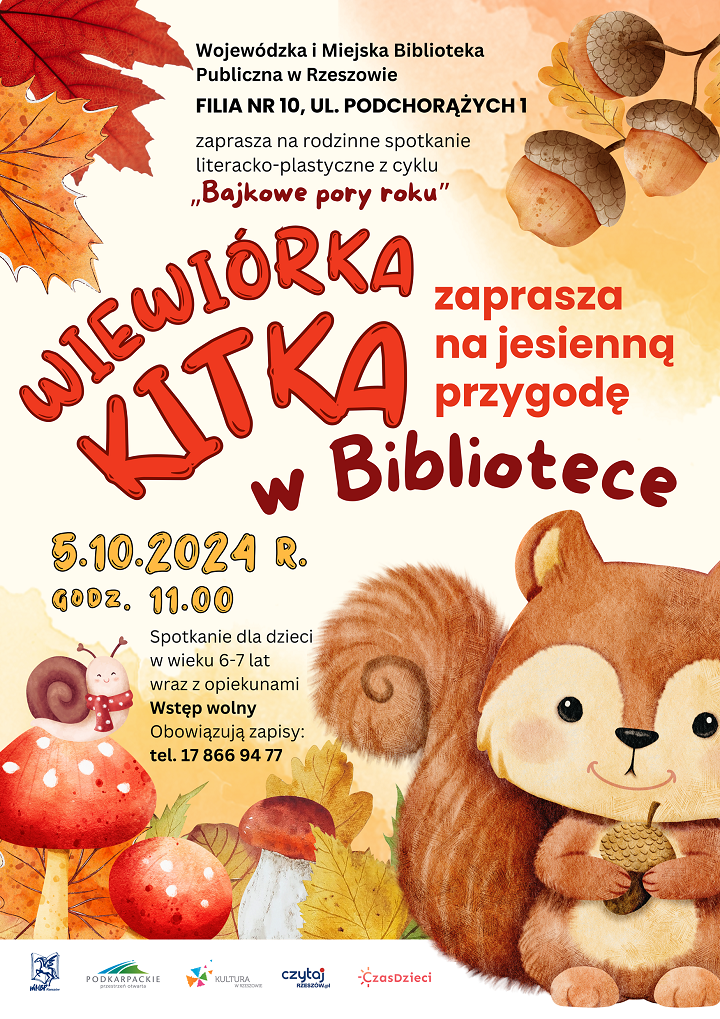 Na plakacie wiewiórka, grzybki, liście jesienne, żołędzie, ślimak.