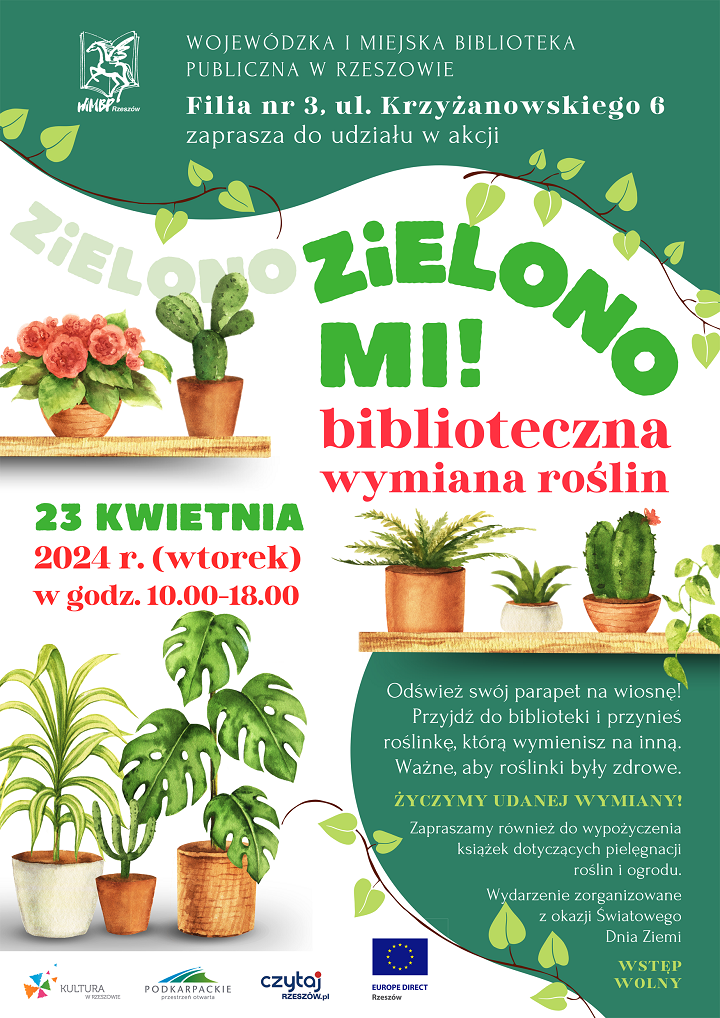 Plakat z zielonymi roślinami doniczkowymi, stojącymi na półkach. Monstera, kaktusy, paprocie i inne. 