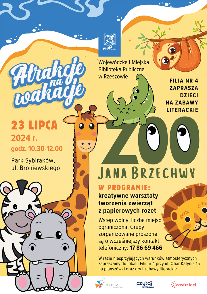 Na grafice zwierzątka: krokodyl, lew, zebra, żyrafa, hipopotam.