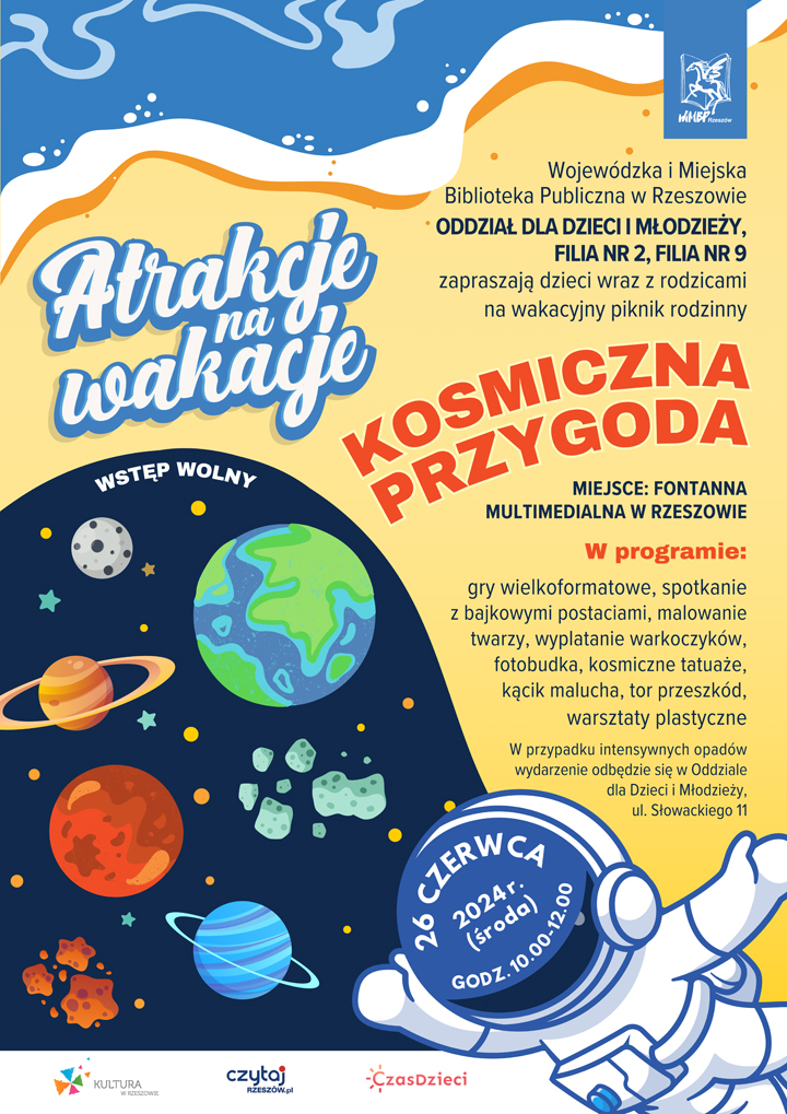 Na grafice tematyka kosmosu. Planety, gwiazdy i kosmonauta.