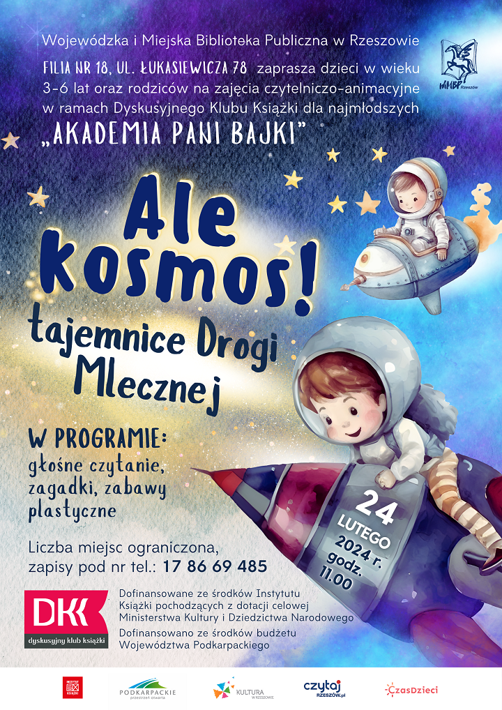 Dzieci w strojach astronautów siedzą w kolorowych rakietach