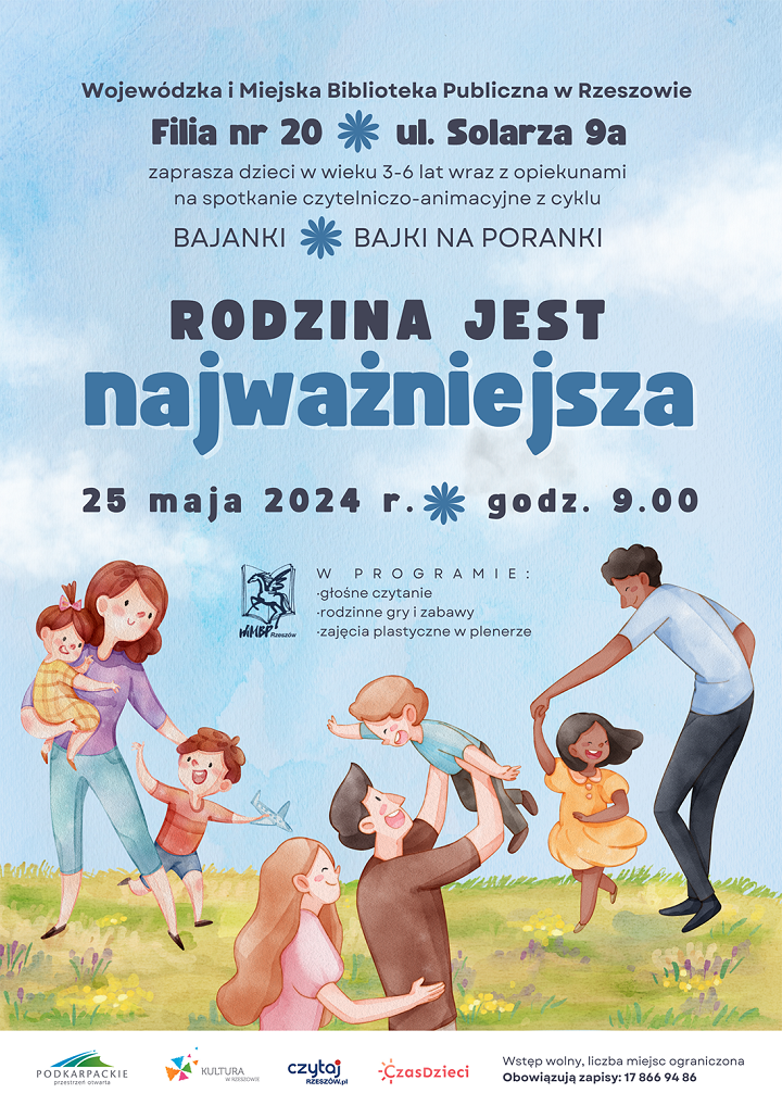 Plakat przedstawia kilkoro rodziców z małymi dziećmi, bawiących się beztrosko na łące. 