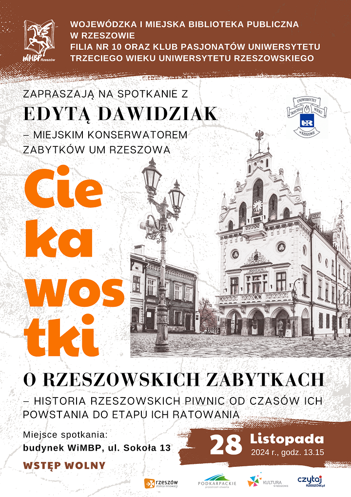 Plakat z fotografią rzeszowskiego ratusza w odcieniach sepii