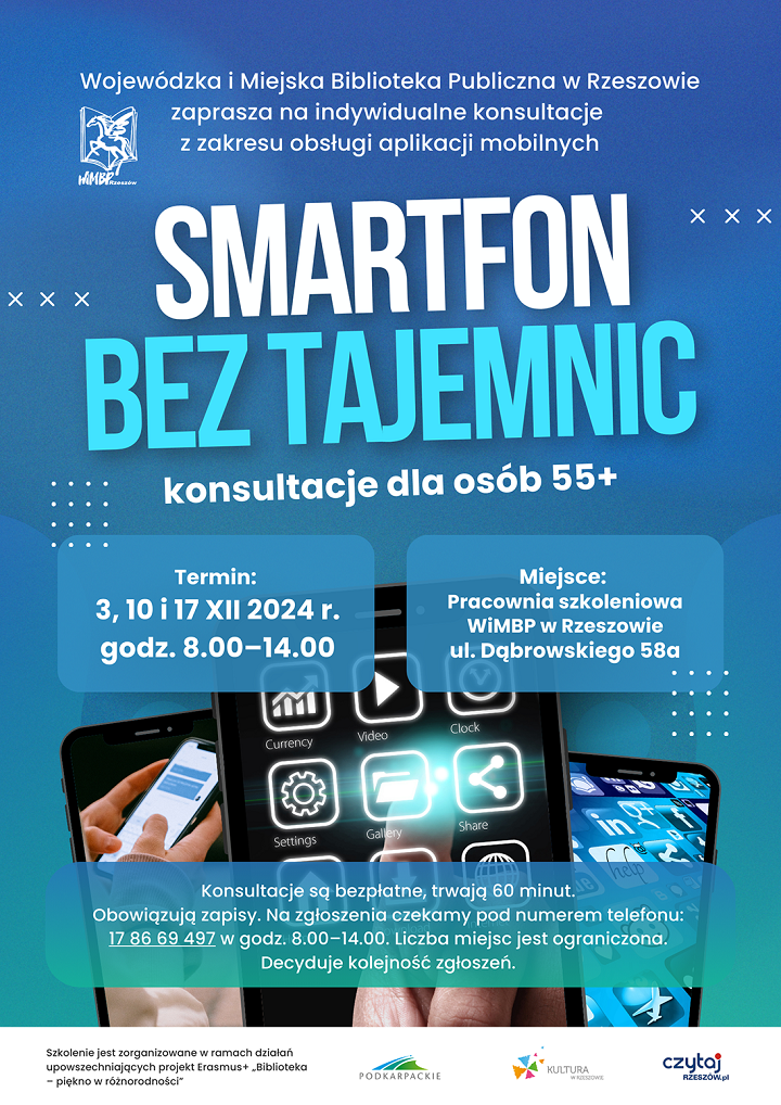 Plakat przedstawia trzy smartfony z aplikacjami.